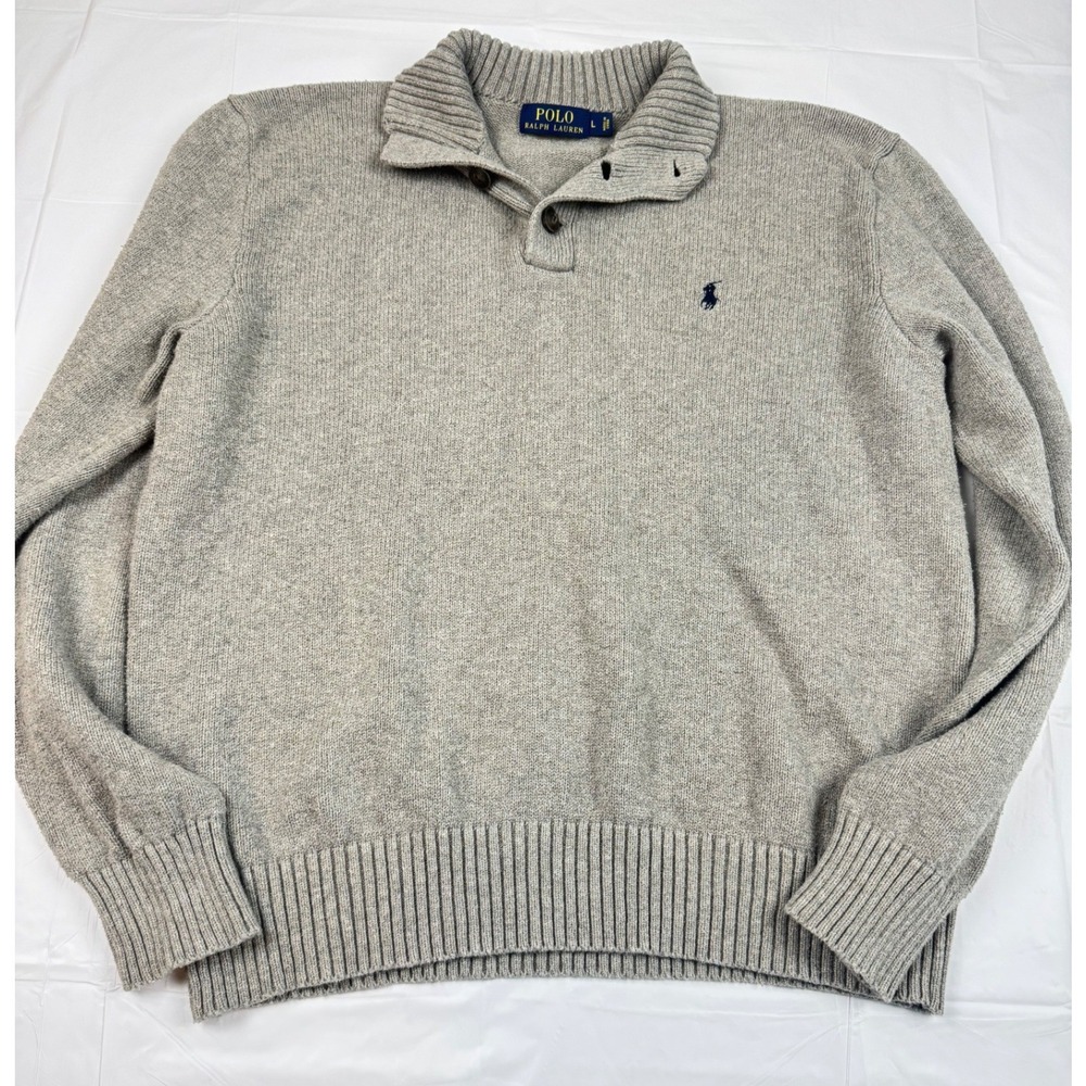 Polo Ralph Lauren Mens Gray Cotton Mock Neck Quarter Button Sweater Large Preppy